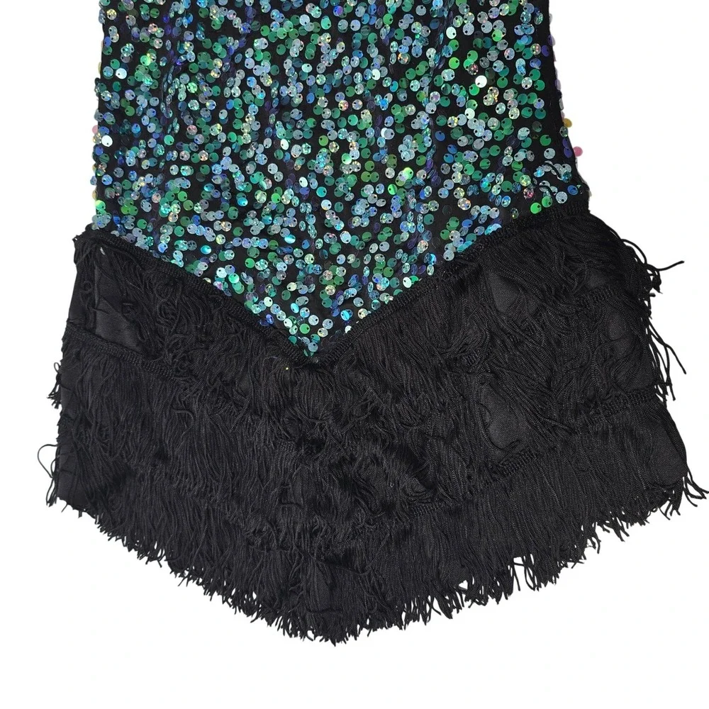 Weismann‎ Girls Sequin Fringe Dance Costume Leotard Teal Blue Black Jazz Small